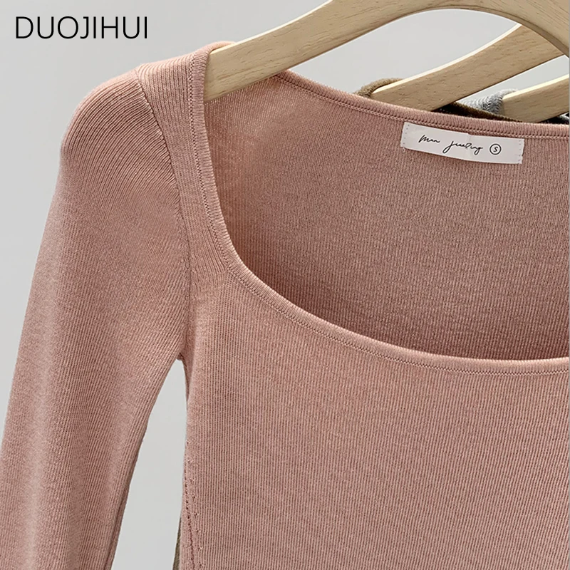 DUOJIHUI-Pulôveres chiques de pescoço quadrado para mulheres, manga comprida, magro, escritório básico, cor pura feminina, moda simples, feminino,