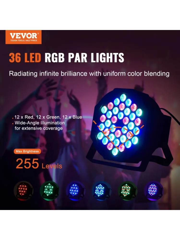 VEVOR 36LED RGB Stage Light PAR Light 7-Mode DMX Beam Disco Light Indoor 4-Pack