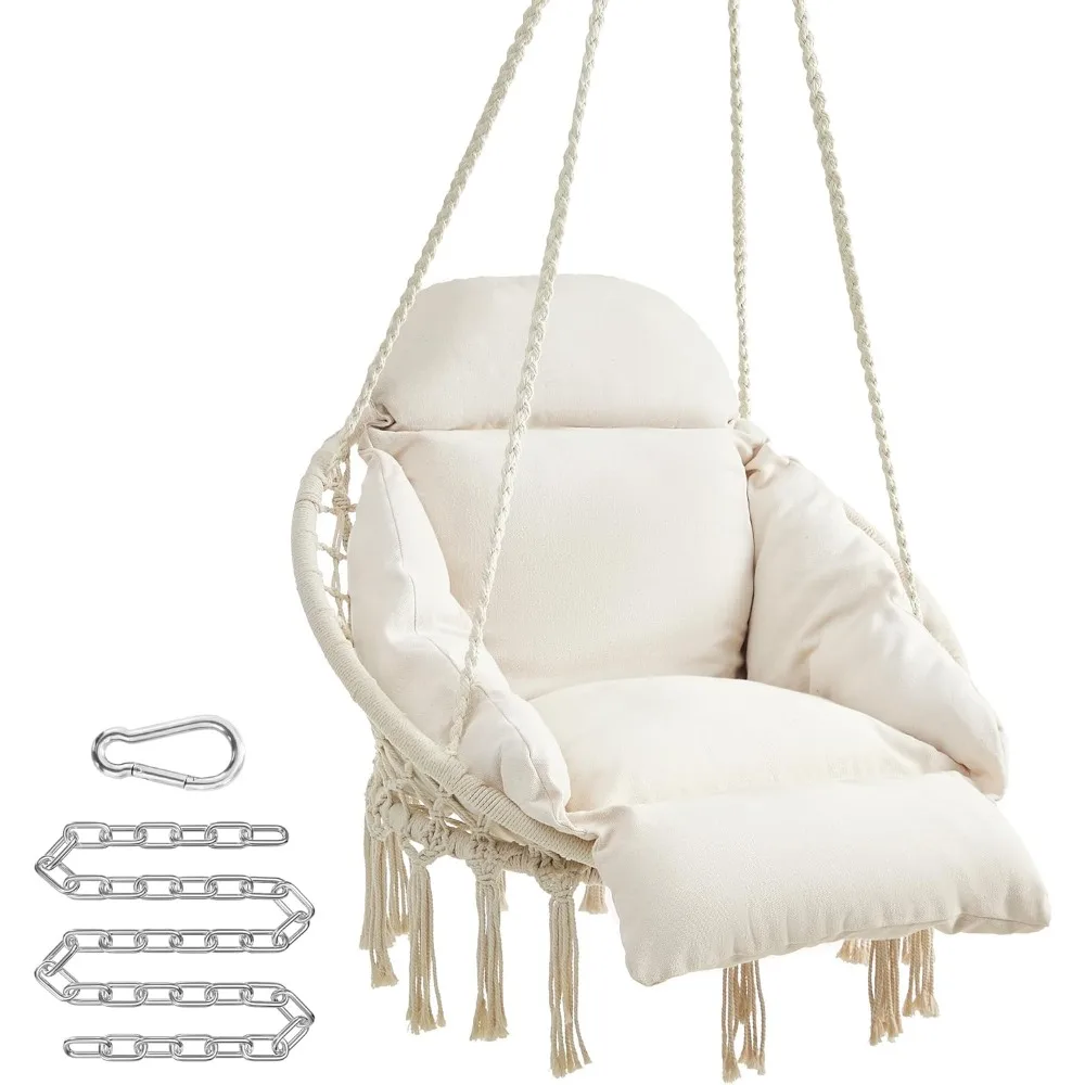 

Hammock chair with thick soft cushion, designed in Bohemian style for indoor and outdoor use, can hold 264 pounds, white hammock