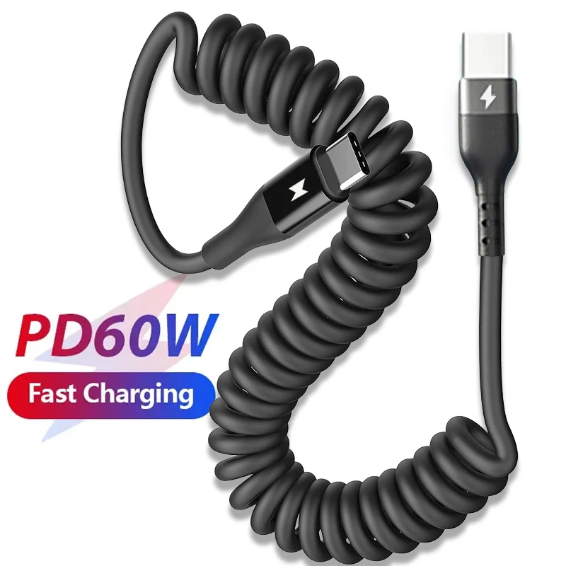 PD 60W Fast Charging Spring USB C to Type C Cable for iPhone 15 Pro Max Samsung Xiaomi Huawei Phone Car Charger Type-C Cables