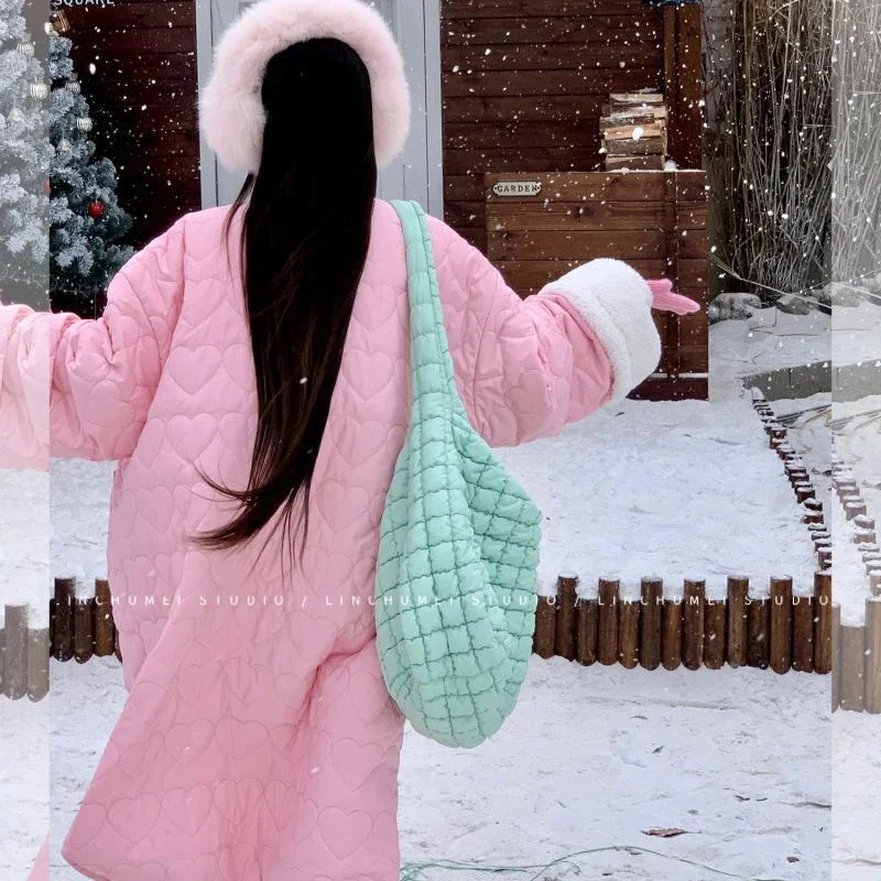 Korean Fashion Pink Long Cotton Jacket Women Winter New Super Loose Casual Sweet Love Heart Quilted Outerwear Large Pockets Coat