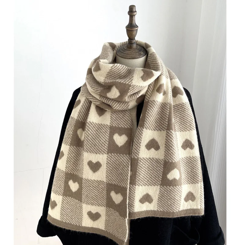 Wool Knitted Scarf Love Heart Scarf Black White Plaid Scarf Thickened Warm Winter Women\'s Scarves Christmas New Year Gifts