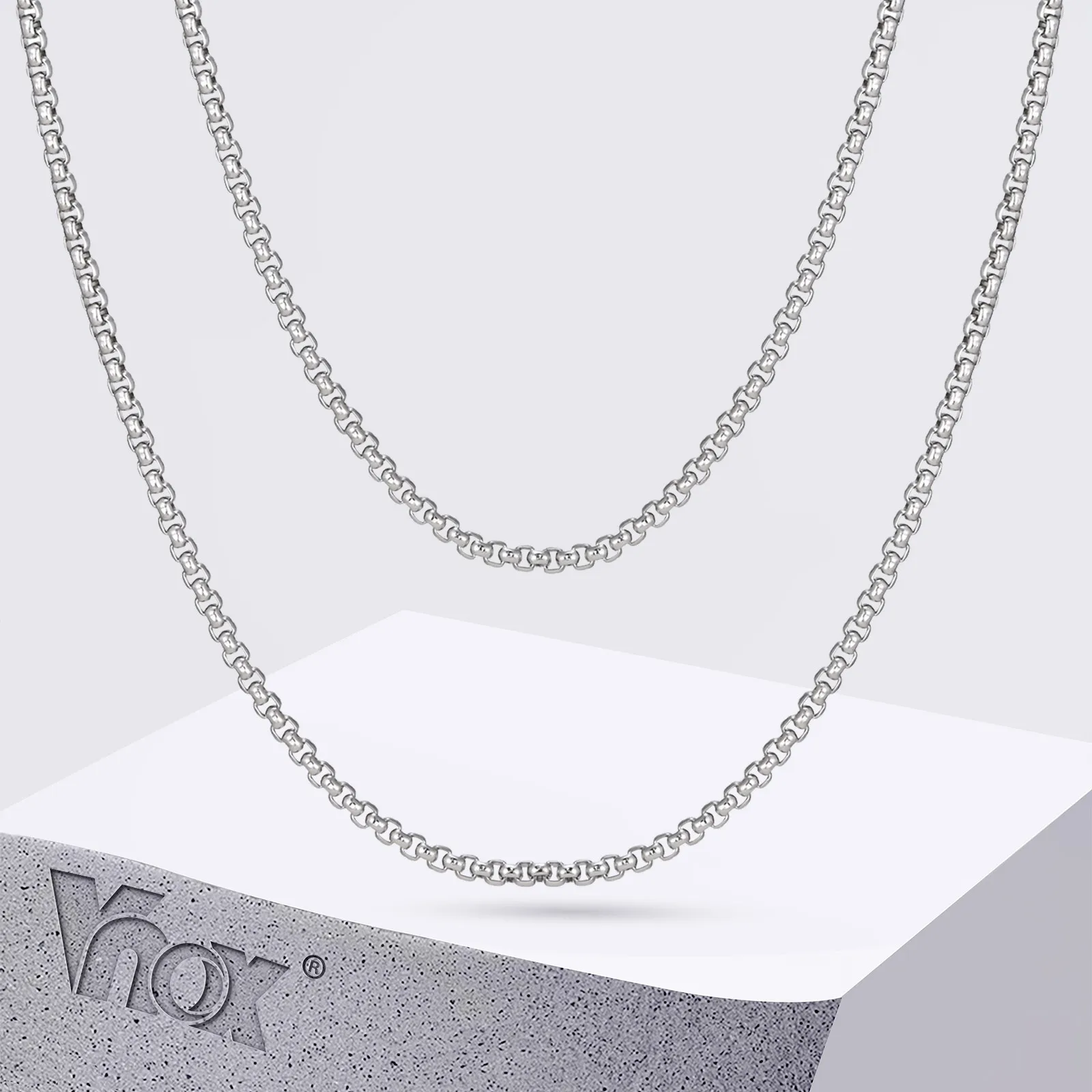 Vnox Stacked Box Chain Necklaces for Men Women, Silver Color Waterproof Stainless Steel Rolo Link Chain Collar, Layered Jewelry