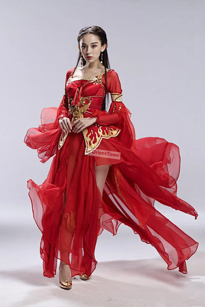 زي الرقص الكلاسيكي القديم في OrientTown، فستان تنكري أحمر وأخضر، ألعاب على الإنترنت مثيرة وأنيقة تؤدي ملابس Hanfu
