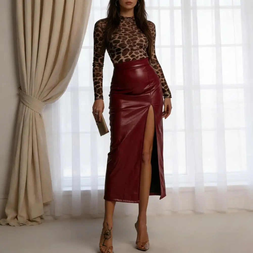Midi Faux Leather Skirt High Waist Artificial Leather Midi Skirt with Slit Slimming Hip Skirt for Office Work Daily Leisure Wear