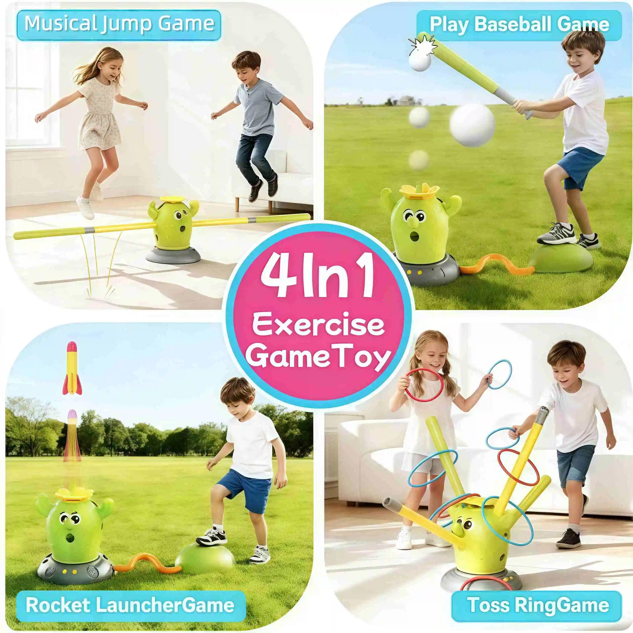 ของเล่นกีฬา 4-in-1 รูปทรงกระบองเพชร (3+): เบสบอล, กระโดด, ขว้าง, ยิง – จรวด 2 ลูก, ลูกบอล 3 ลูก, รีโมท