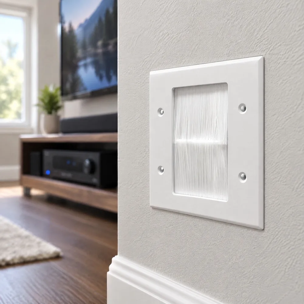Cable Routing Panel Flush Mount Wall Plate with Brush Strip PC Material 116x114mm White for Low Voltage Cables