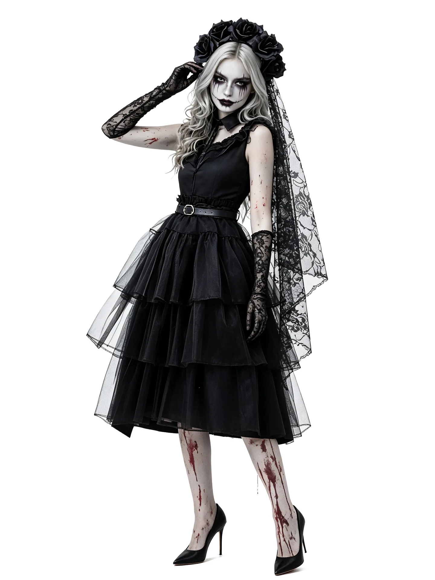 Damen Gothic Blutige Zombie-Braut Cosplay-Kleid mit Rosen-Schleier, Spitzenhandschuhen, Halloween, dunkler Horror, Bühnen-Rollenspiel, Kostüm – Detail 9