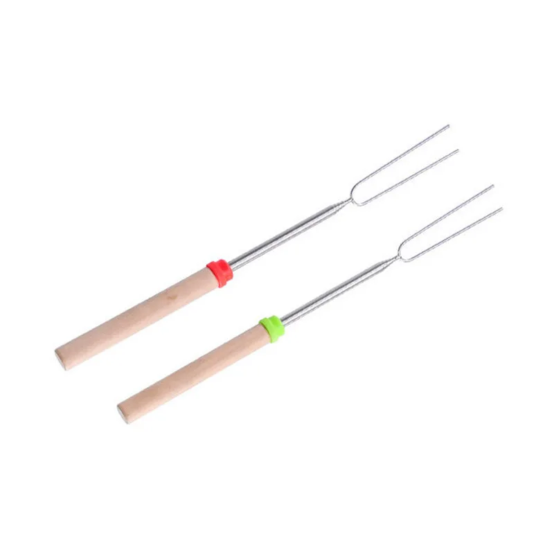 Tenedor de barbacoa retráctil de acero inoxidable con mango de madera, herramientas para barbacoa