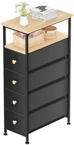 

Narrow Dresser Tower, Slim Dresser for Bedroom, Tall Nightstand Chest of 4 Fabric Drawers with Wood , Bathroom Organizers and