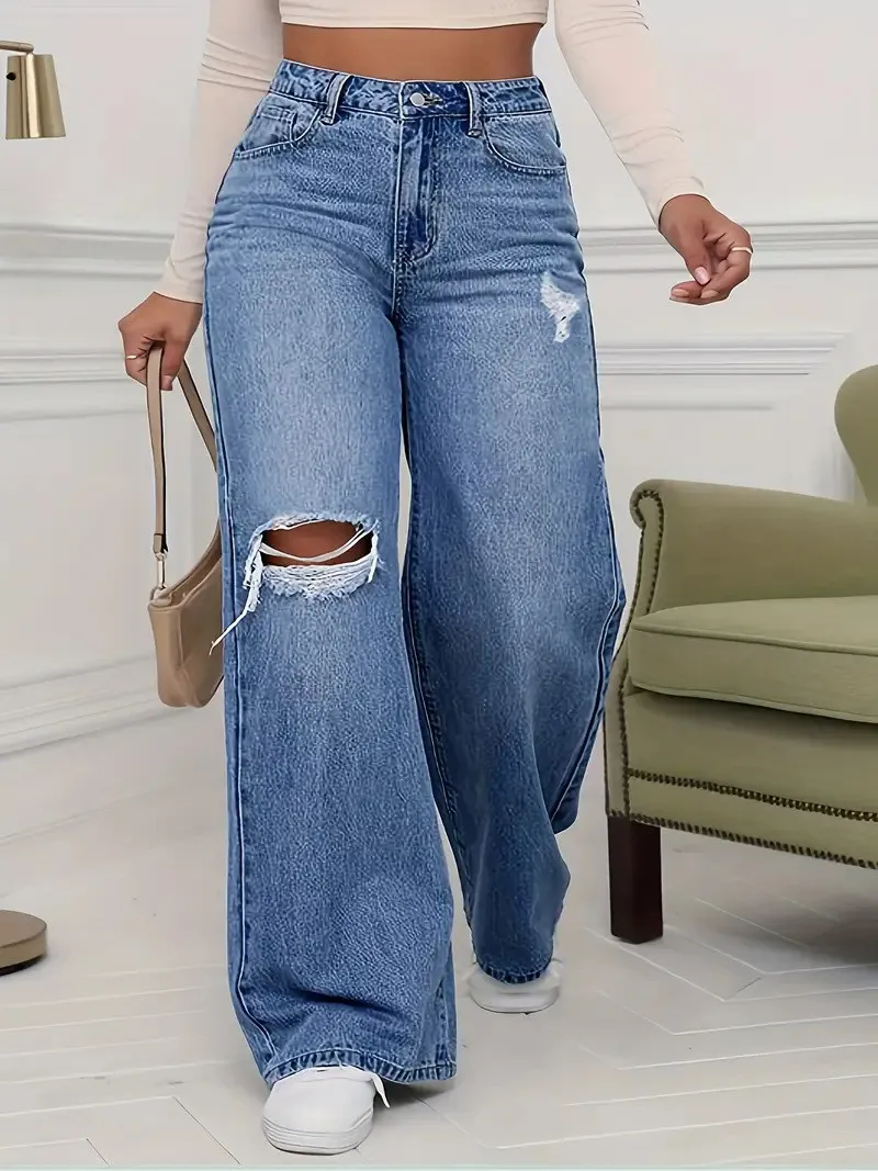 

Y2K Jeans Women Flared Light Blue Denim Pants High Waist Wide Leg Distressed Denim Jeans Full Length Raw Hem Front Knee Rip