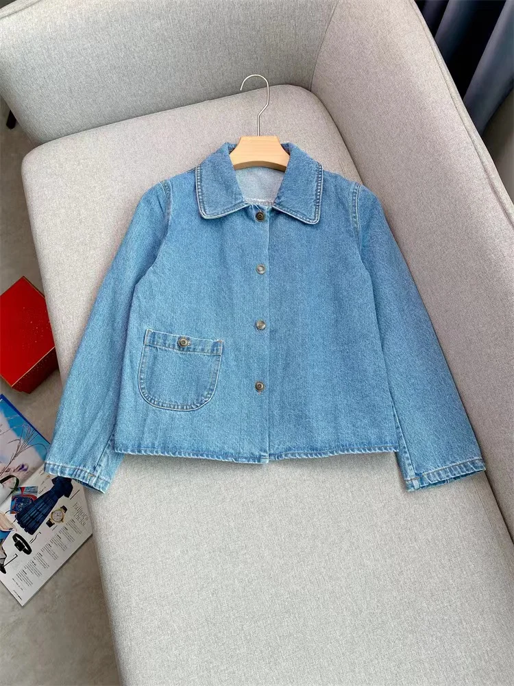 Autumn Winter New Fashion Single Breasted Denim Jacket Women Casual Long Sleeve Peter Pan Collar Retro Short Coat Ladies 2024