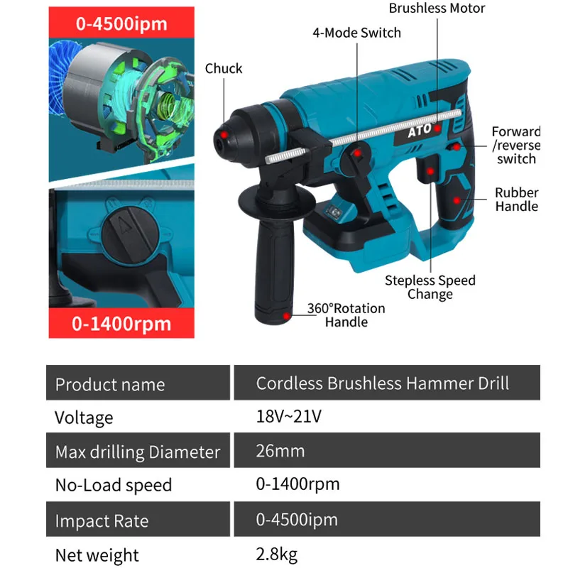 ATO Rechargeable Brushless 4 Function Tools Lithium Battery Electric Hammer Cordless Rotary Hammer Drill For Makita 18V Battery