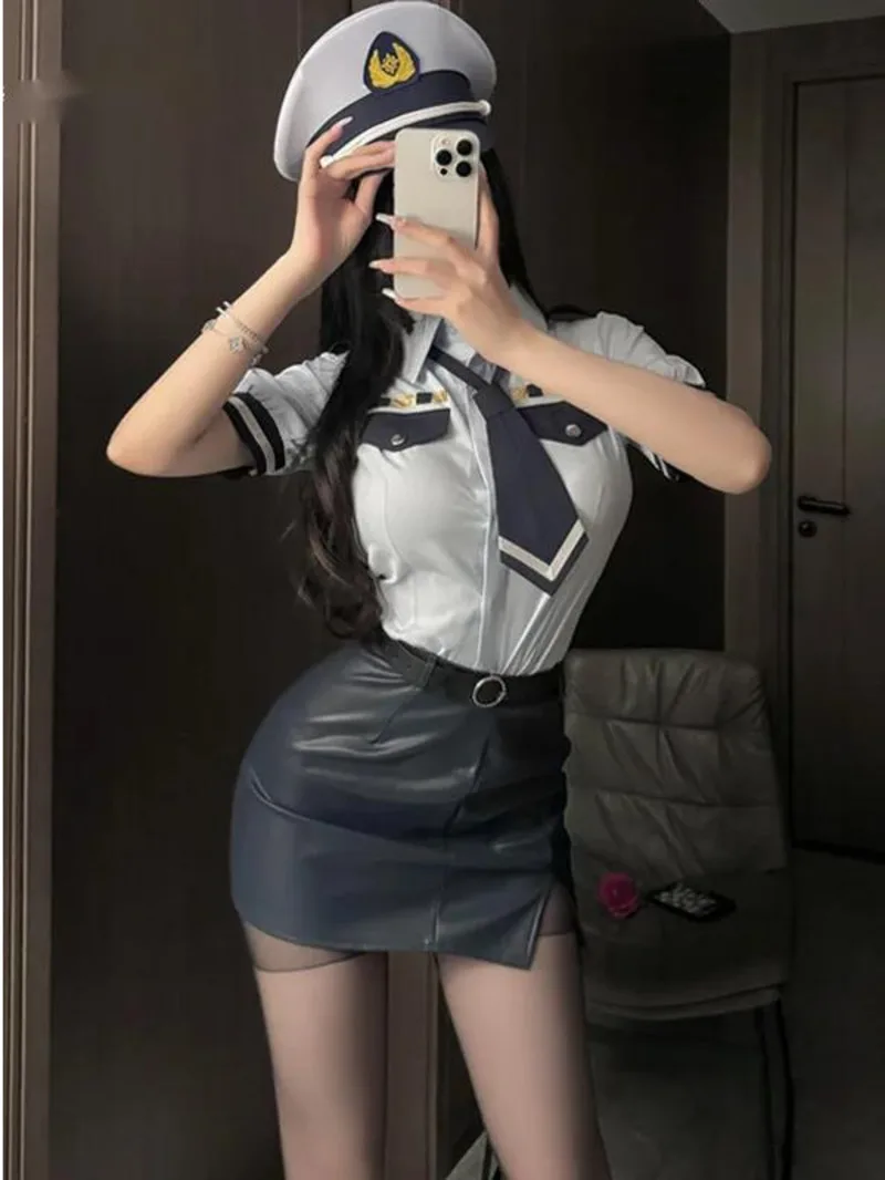 

Summer Fashion Exotic Womens Clothing 2024 New Suit Collar Lacquer Leather Flight Attendant Uniform Belt Set Hip Wrap Skirt ZKUV