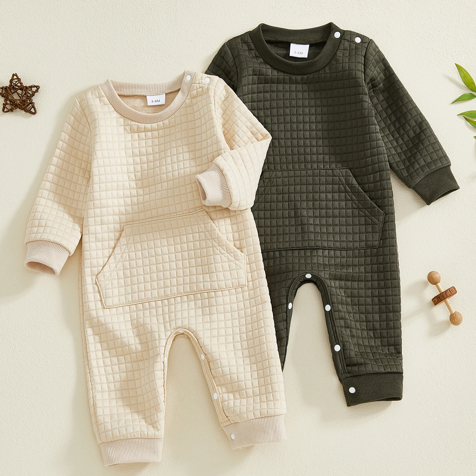 

Infant Baby Boy Girl Quilted Jumpsuit With Large Pocket Toddler Cotton Romper Children Cotton Crew Neck Long Sleeve Overall