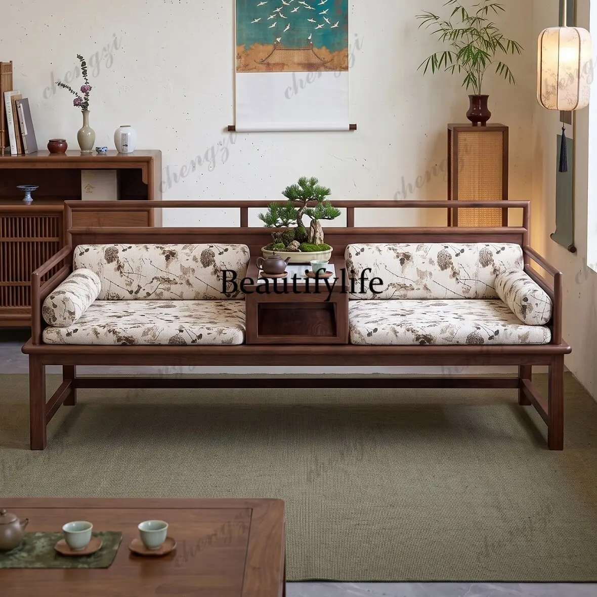 Song-style aesthetics, solid wood arhat bed, new Chinese elm living room sofa bed, tea room Zen-style long lounge chair 2