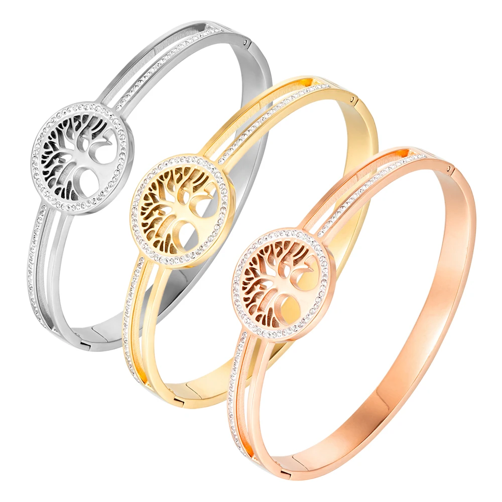 High Quality Stainless Steel Bracelet For Women Electroplated Silver Gold Rose Color Life Tree with Diamonds  Exquisite Jewelry