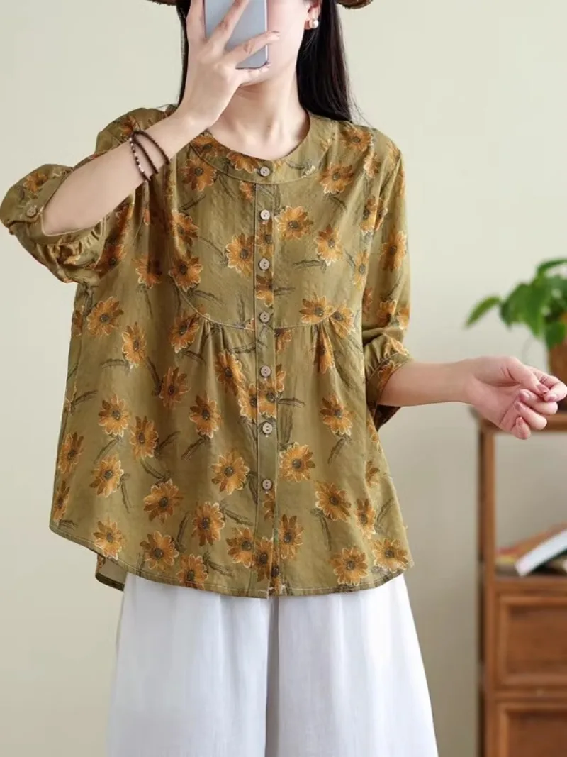 ผ้าฝ้ายลินินเสื้อผู้หญิงฤดูใบไม้ผลิฤดูร้อนแฟชั่นBreathable Healthyแขนสั้นVINTAGEพิมพ์หลวมเสื้อลําลองTops