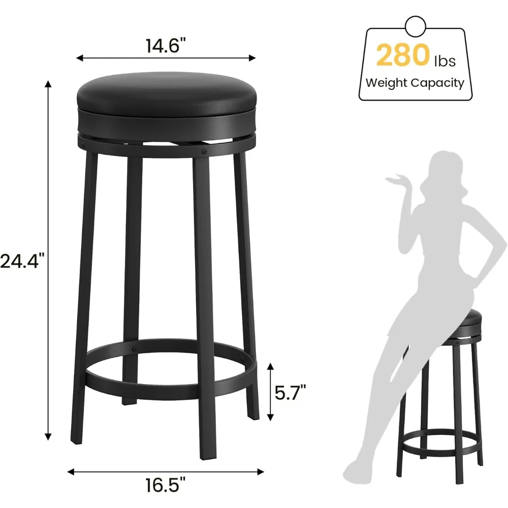 24'' Swivel Bar Stools Set of 4 with Footrest, Modern Counter Height Barstools with PU Leather Upholstered and Metal Frame, Bac