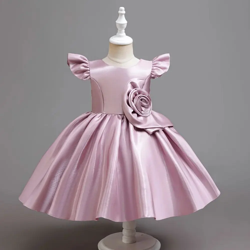 

Elegant Party Dress For Girls Satin Flutter Sleeve Rose Applique Princess Dress For Kids Wedding Birthday Pageant Formal Gown