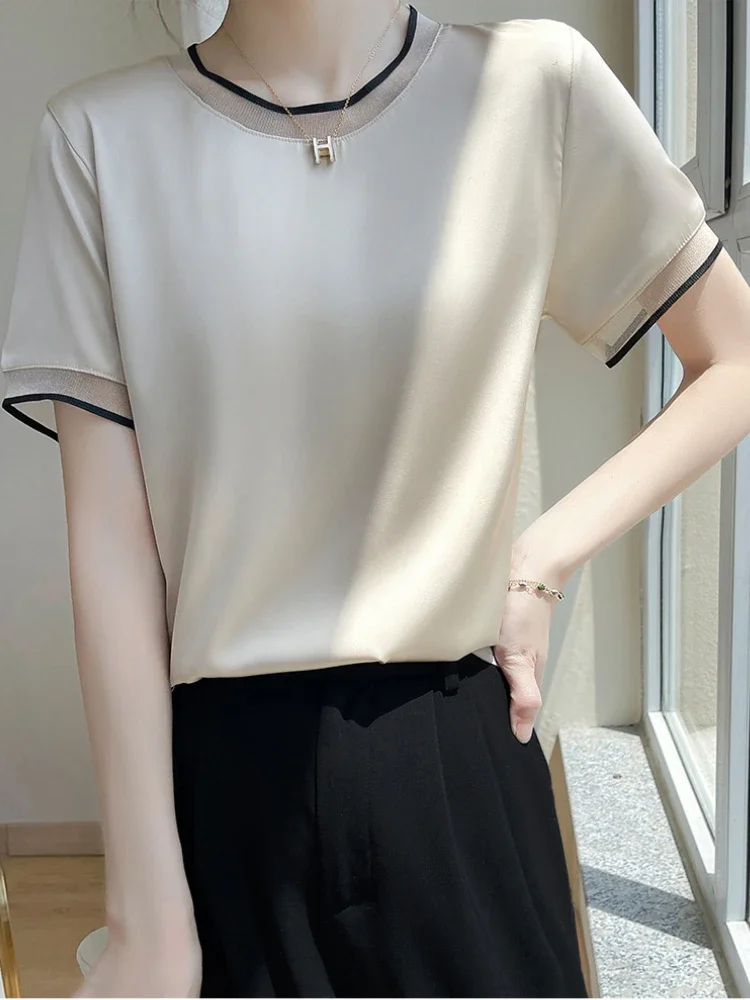 Fashion wanita T-shirt lengan pendek sutra kebesaran T-shirt kerah o kasual satin TEE musim panas solid champagne longgar T-shirt wanita