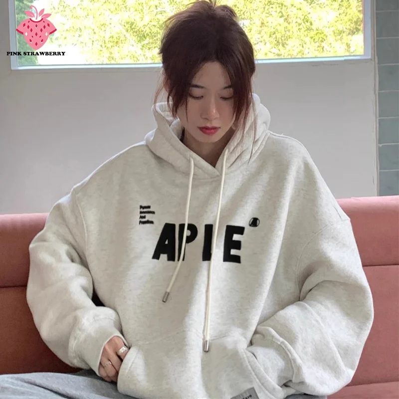 American style Oversize Plush Hoodie Women Autumn Winter 2025 New Letter Print Warm Pullover Sweatshirt Y2K Tops Ladies clothing