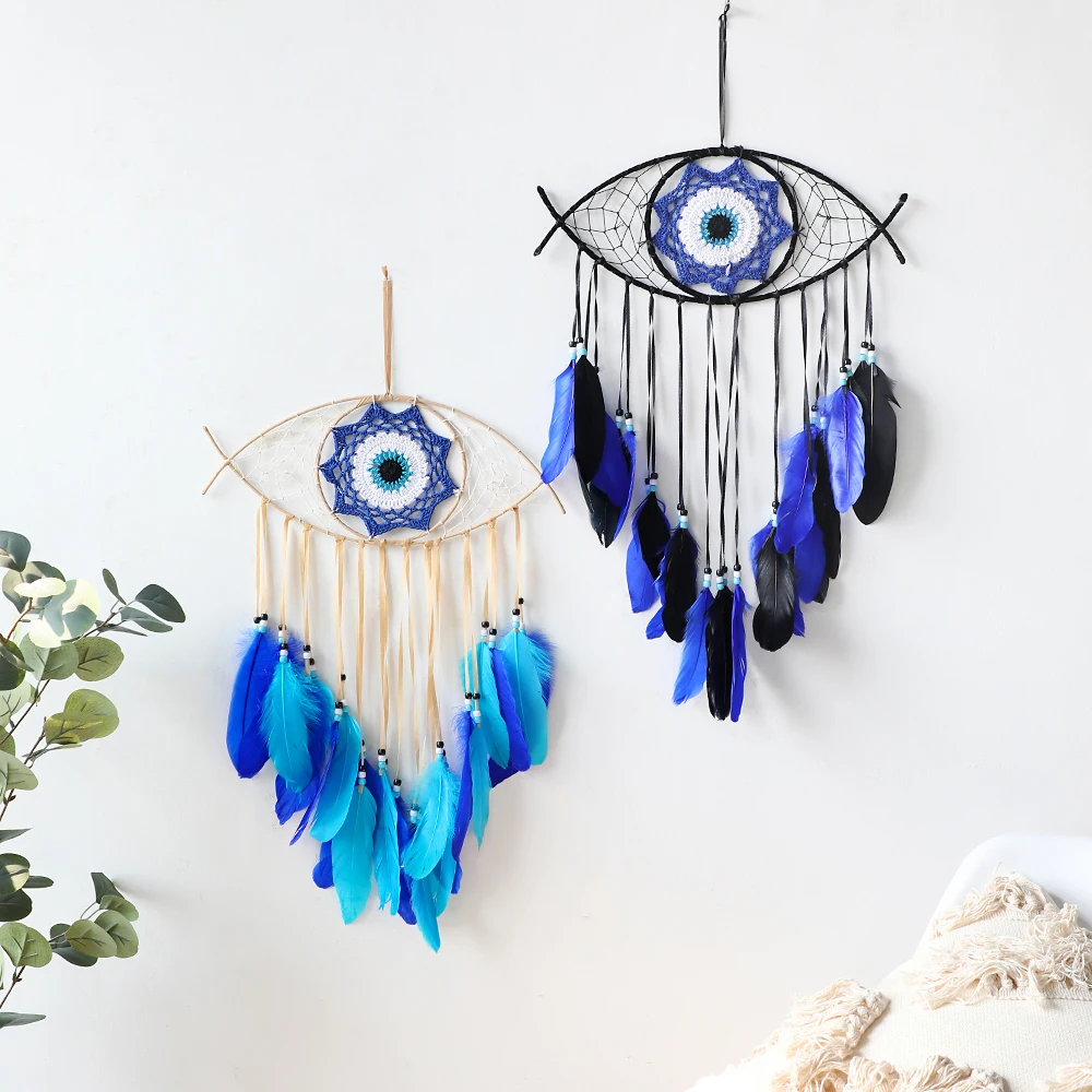 Evil Eye Dream Catcher Boho Room Decor Handmade Eye Wall Decor Blue Feather Dreamcatcher Wall Hanging Wall Art  Living Room Gift