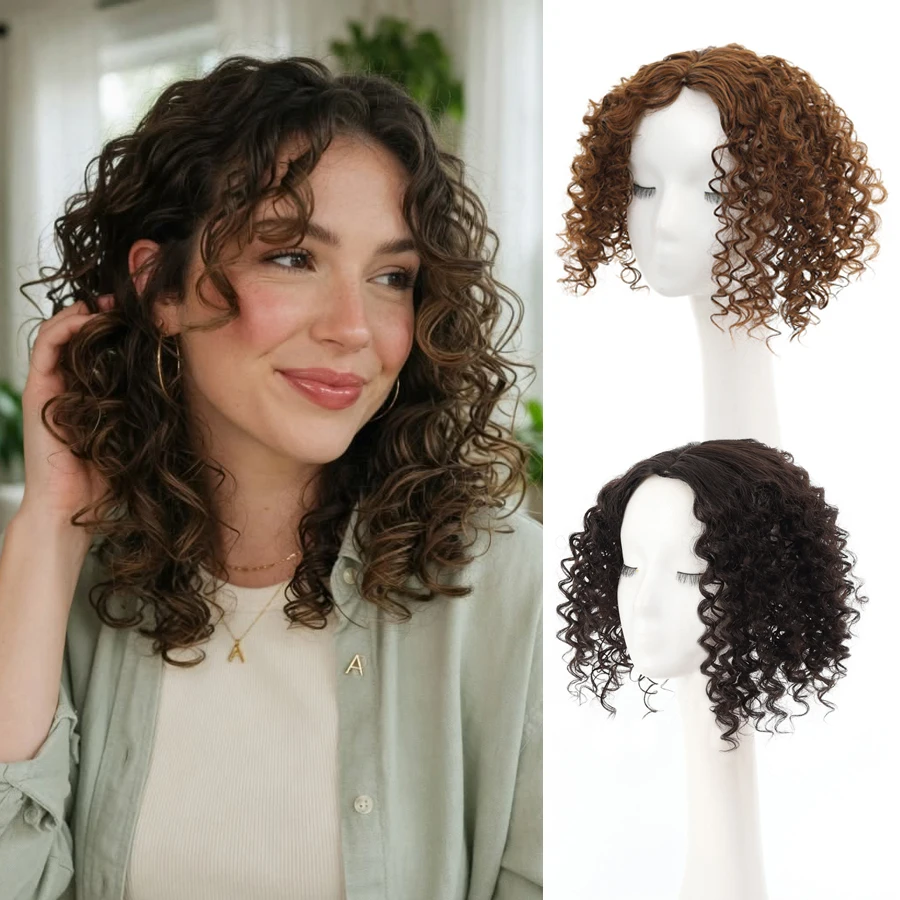 Short Fluffy Curly Synthetic Hair Topper Clip In Hairpiece Women Toupee Replacement Hair Piece Hair Topper Clip On Wave Hair Ext
