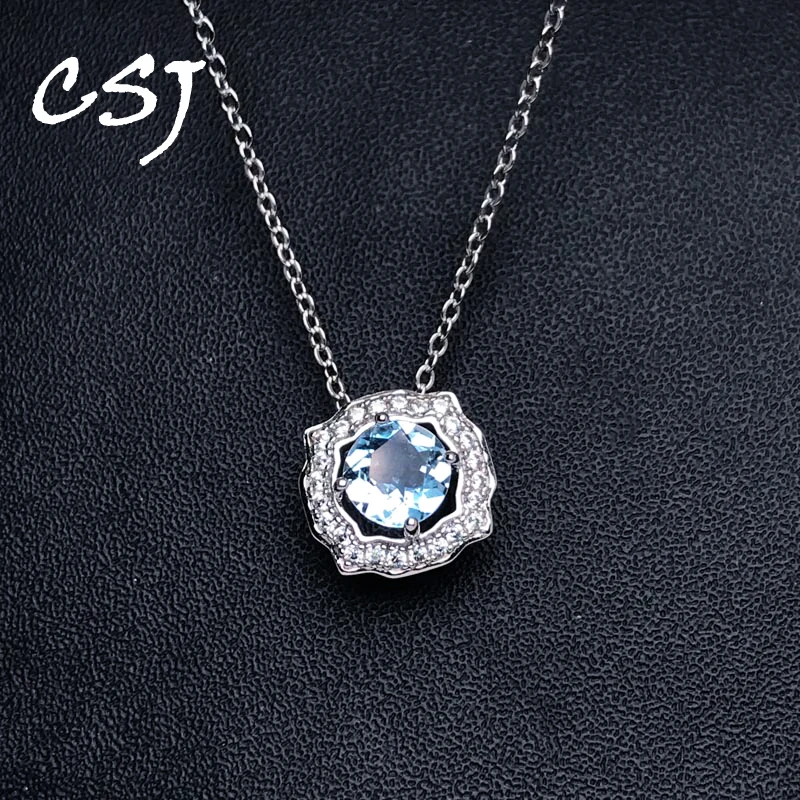 

CSJ Elegant Natural Aquamarine Pendant Sterling 925 Silver Gemstone Round 6mm Fine Jewelry Necklace For Women Wedding Party Gift