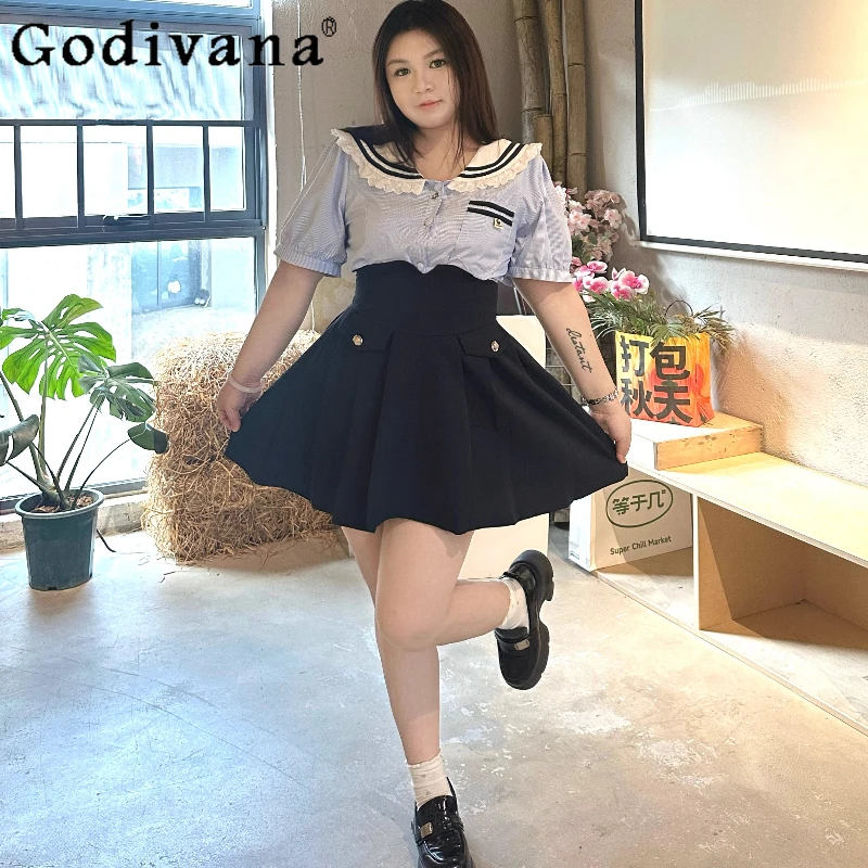 

3XL French Blue Collar Sweet Woman Summer College Age Reduction Versatile Shirt High Waist A-line Fashion Skirt Japanese Sets