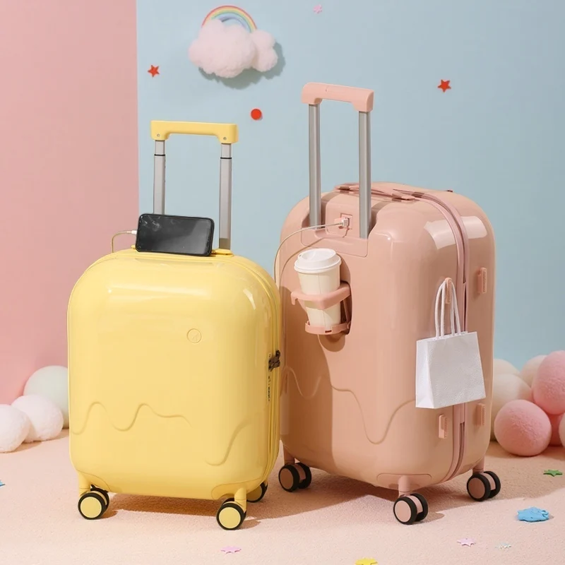 حقيبة أمتعة لطيفة متعددة الوظائف مقاس 20 بوصة 24 بوصة حقيبة تروللي بعجلات ABS + PC مع حامل أكواب ومنفذ شحن USB وعجلات دوارة جانبية #1