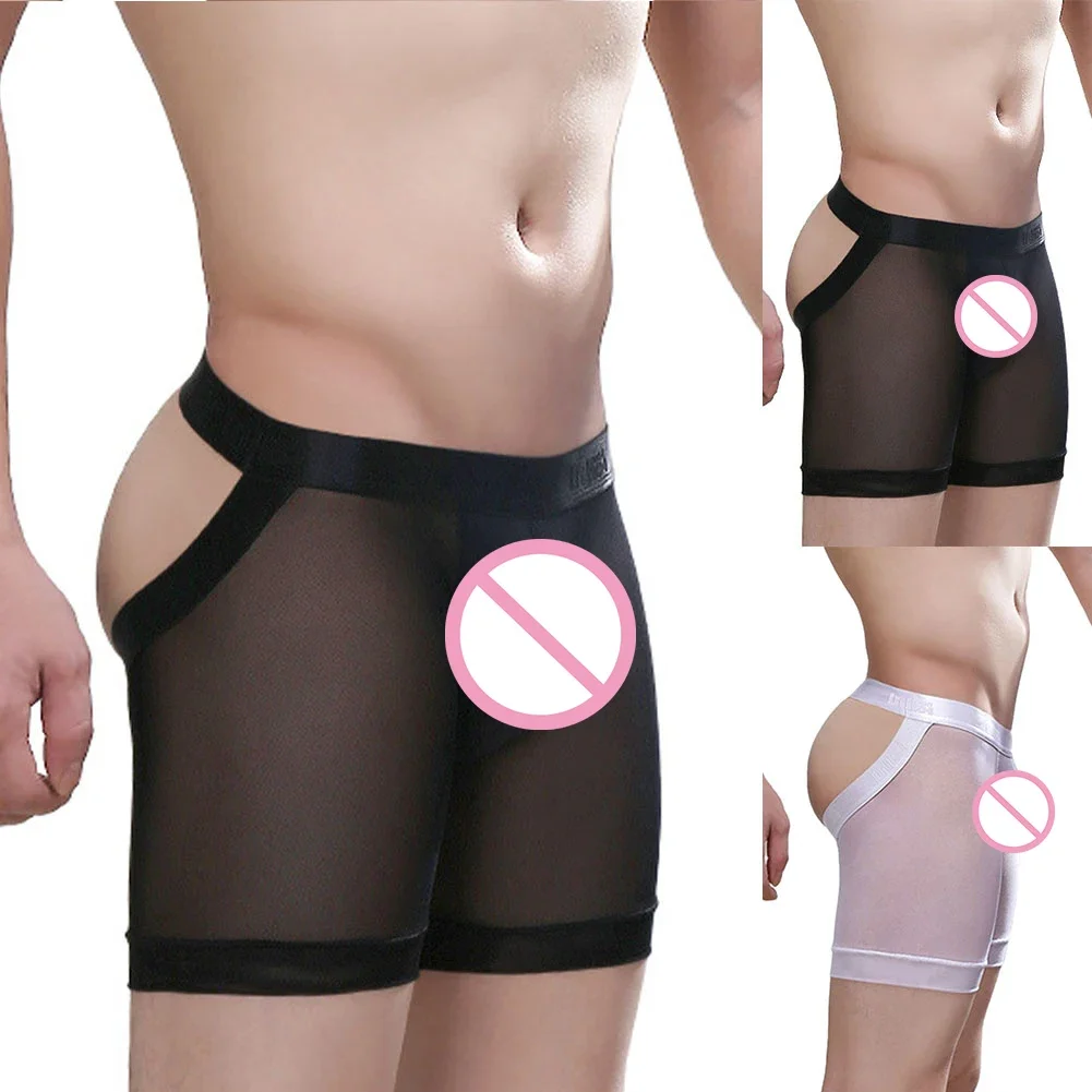 شورت بوكسر مفتوح بين الرجلين، خصر متوسط، مسامي ومريح، نسيج نايلون، ألوان بيضاء وسوداء، ملابس داخلية مثيرة