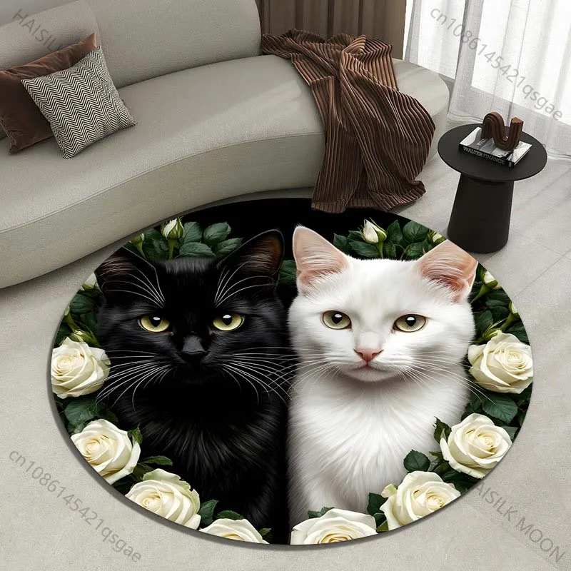 

Multiple sizes Black and white cats, white roses Print Round Carpet Living Room Bedroom Table Chair Sofa Decorative Carpet