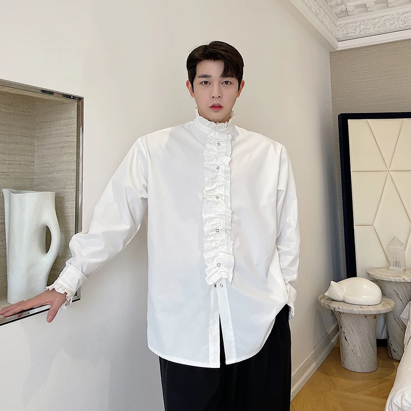 

Ele Men's irt Stand Collar Gored Hem Lace Trim Vintage Design Formal Spring Faion Loose Fit Long Sve Youth