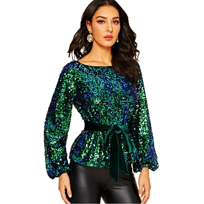 Womens Long Sleeve Tops Streetwear Christmas Shirts Bling Sequins Outwear Festival Costumes Fashion