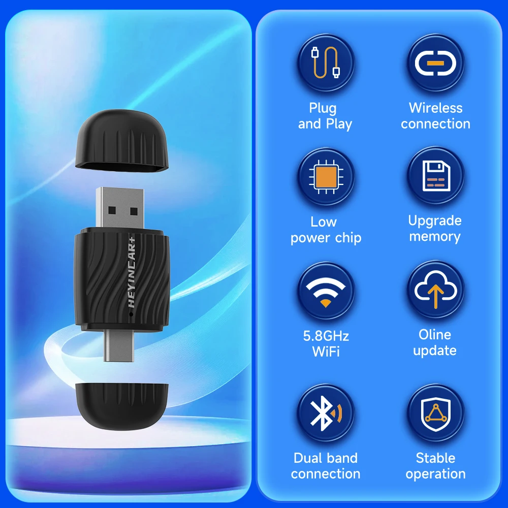 HEYINCAR New 2.0 Android Auto Adapter Double-Headed Wireless CarPlay Box for Hyundai Kia MG Toyota Benz Volvo Renault Audi Chery