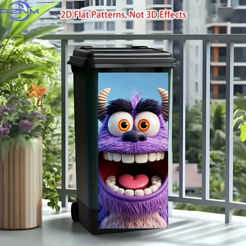 One Trash Can Sticker Measuring 37*82cm / 14.57*32.28 Inches, Featuring a Purple-Haired Big-Eyed Monster Themed Design. This M