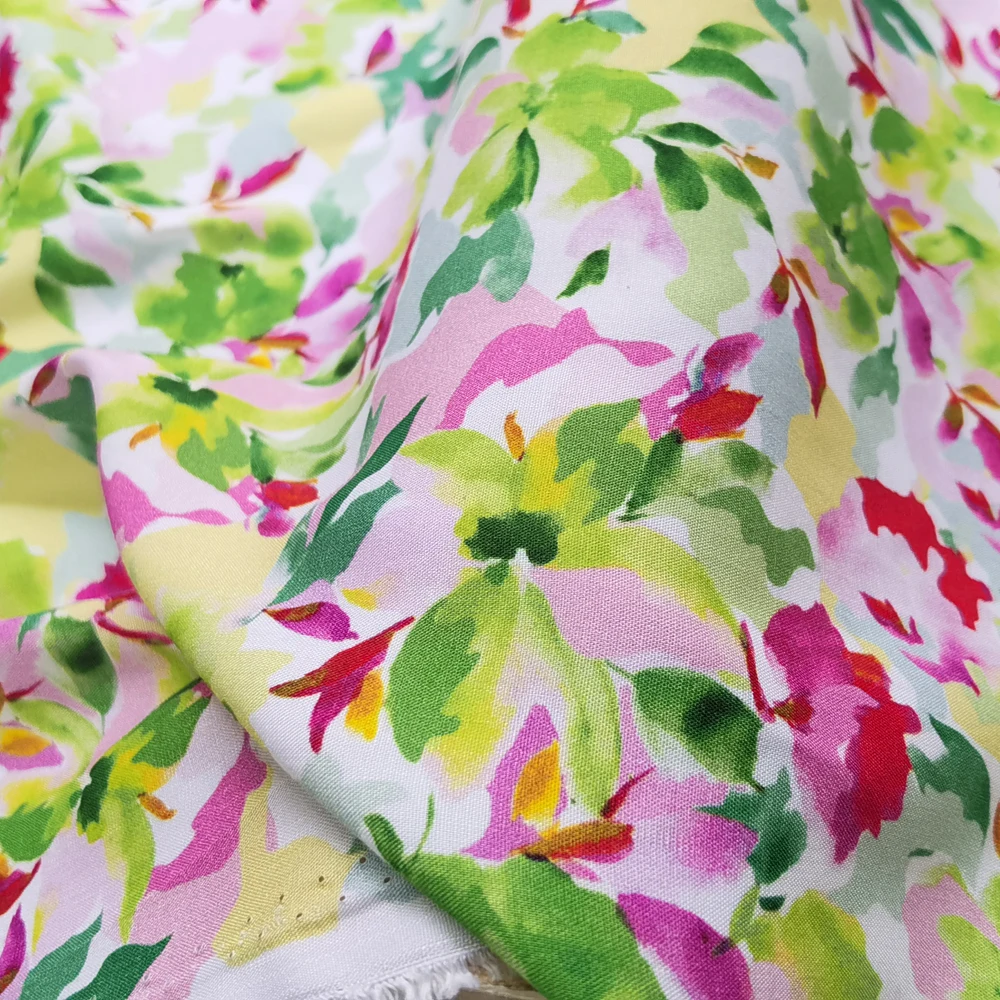 1 meter X 1.4 meter Pink Green Floral Dress Fabric Soft Viscose Poplin Material Children