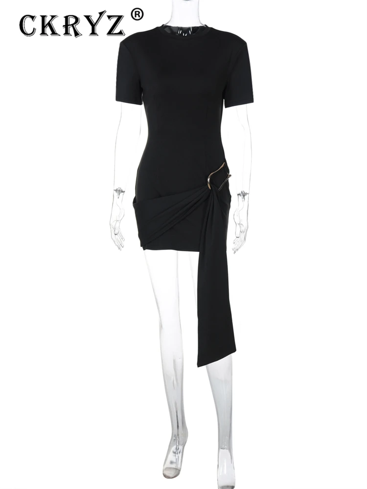 Ladies O-Neck Short Sleeves Lace Up Bodycon Metal Button New Mini Dress Solid Casual Elegant Short Dress Club Streetwear Outfits