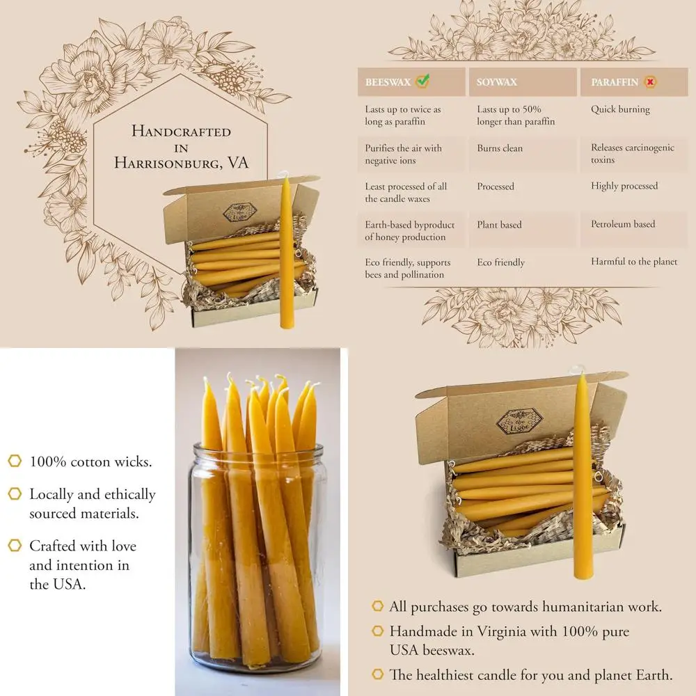 

100% Pure Beeswax Taper Candles - All-Natural Handmade Decorative & Dipped Smokeless Unscented Candles for Christmas, Advent, an