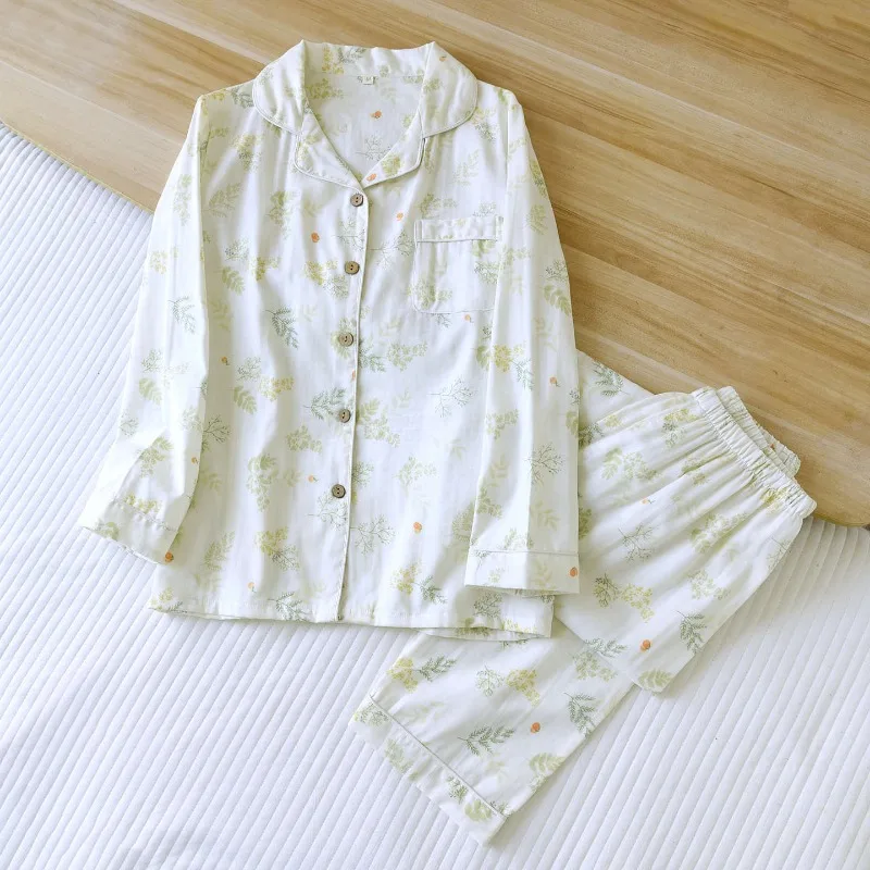 

Новинка 2023 года, весенне-осенний женский пижамный комплект, 100% хлопок, марля, простые длинные брюки с длинными рукавами, комплект домашней одежды из двух предметов