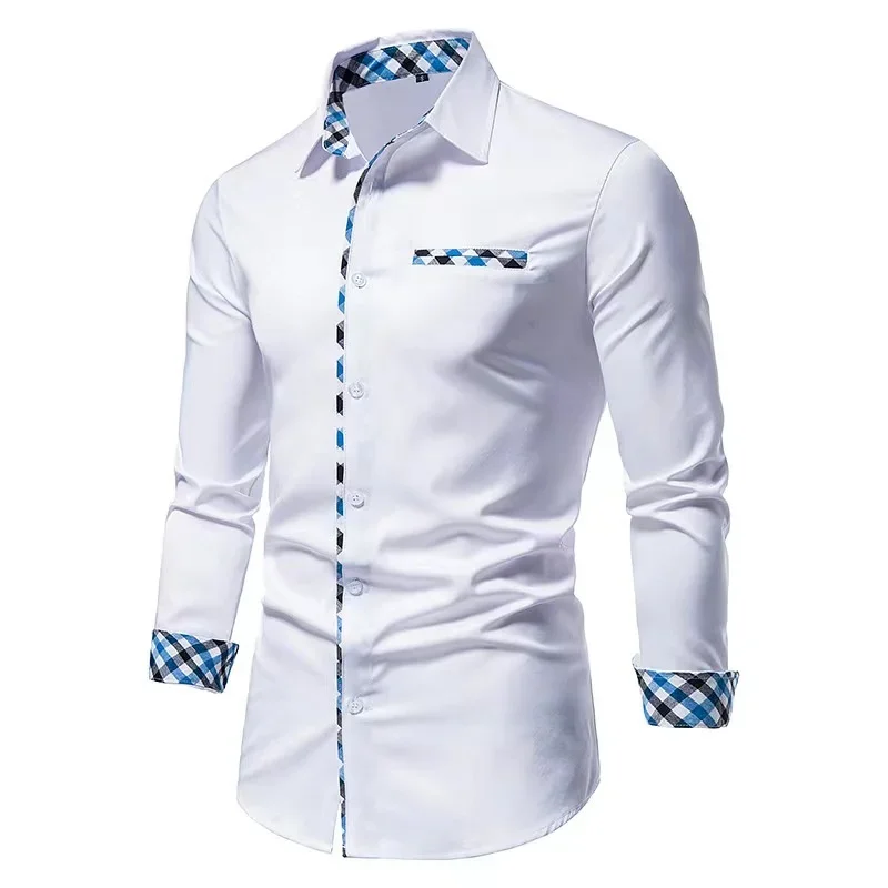 Camisa de emenda de mangas compridas masculina, material macio e confortável, 100% alta qualidade, cor sólida, primavera e outono