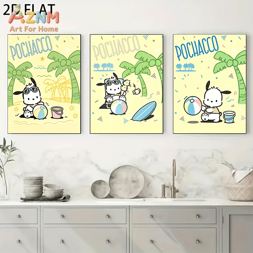 AZNM Pochacco Canvas Wall Art Unframed Cute Cartoon Print Poster Beach Coconut Tree Surfboard Beach Ball Kawaii Summer Design fo
