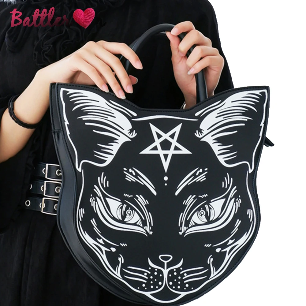 

Gothic Pentacle Cat Purses And Handbags For Women Punk Harajuku Style Girls Shoulder Bags Black Top Handle Purse Fashion Totes