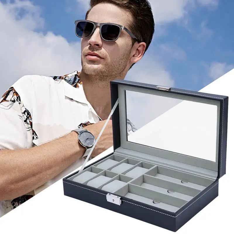 Watch And Sunglasses Organizer Sunglasses Watches Storage Box PU Leather Sunglasses Organizer With Clear Viewing Window For 6