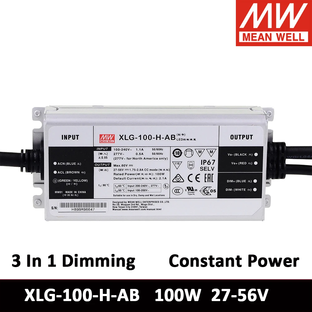 

MEAN WELL XLG-100-H-AB 100W Constant Power 27-56V LED Driver 3 IN 1 Dimming IP67 Meanwell PFC Switching Power Supply For LM301H