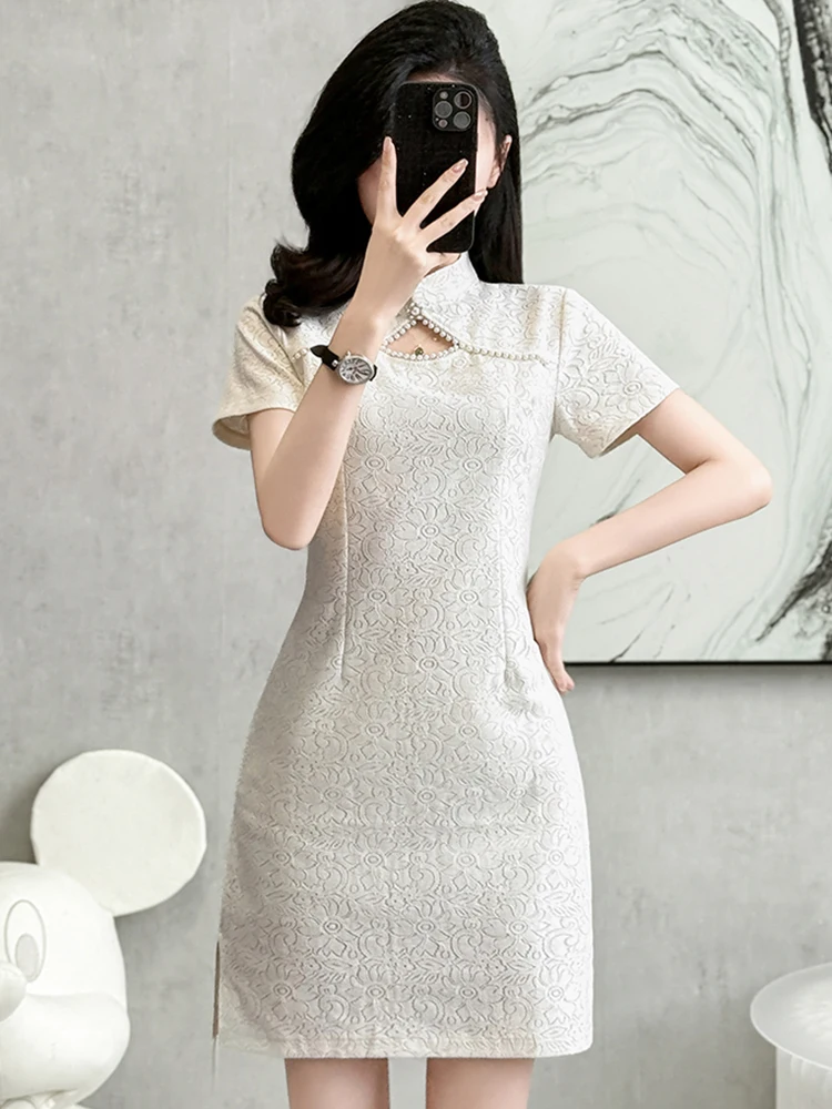 2025 ホワイトレースジャカードシックなビーズ中空アウトショートドレス女性エレガントな高級パーティードレス夏の韓国ボディコンナイトドレス