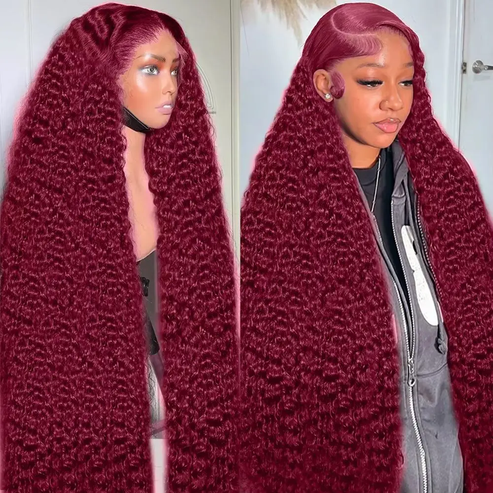 

36-дюймовый парик из натуральных волос 99J бордового цвета с глубокими волнами, с HD-кружевной передней частью 13x6, плотность 200%, без клея, предварительно выщипанный, кудрявый