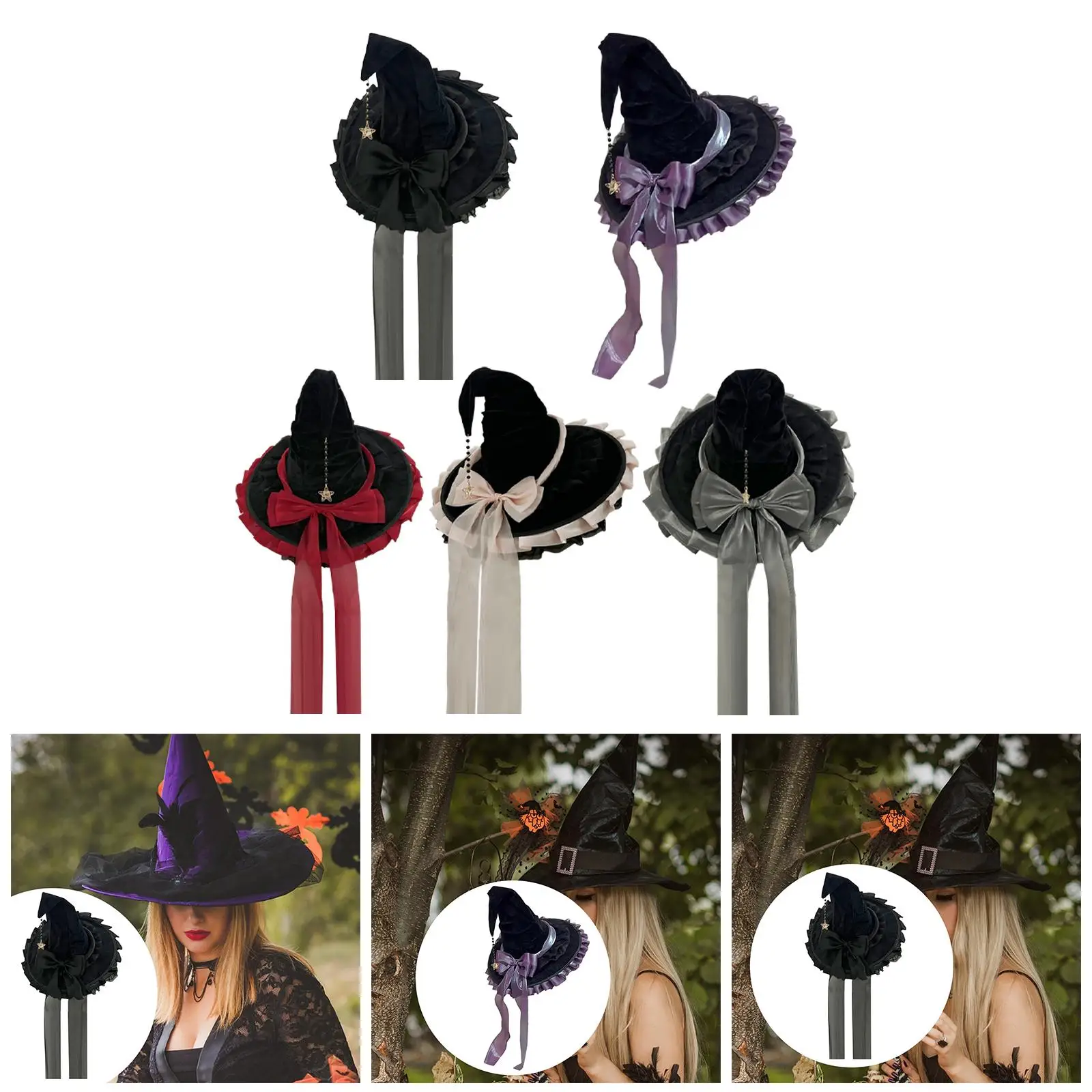 Chapeau de sorcière d'Halloween pour femmes, casquette de sorcière pointue à large bord, couvre-chef, accessoires de tenue de sorcière pour carnavals de mascarade