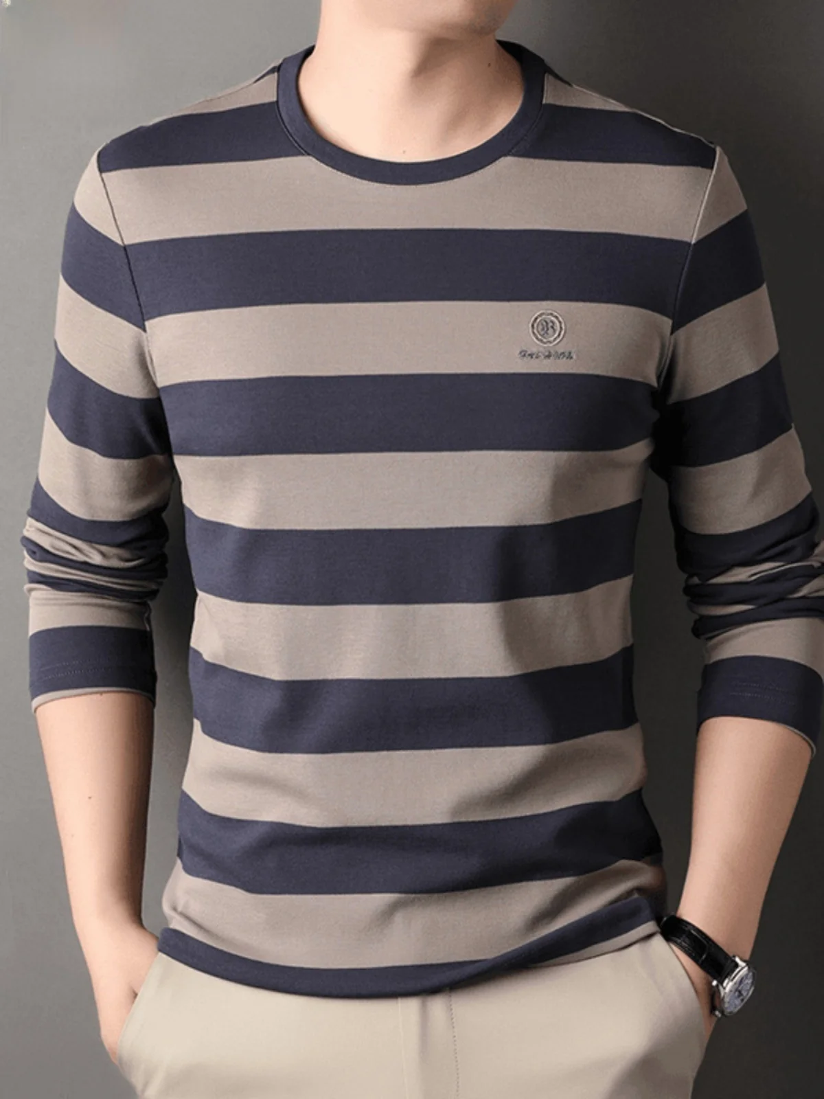 

Pierre Cardin Men's Long Sve Silk T-irt Loose Fit round Ne Spring Autumn Faionable Striped Sweatirt Base irt